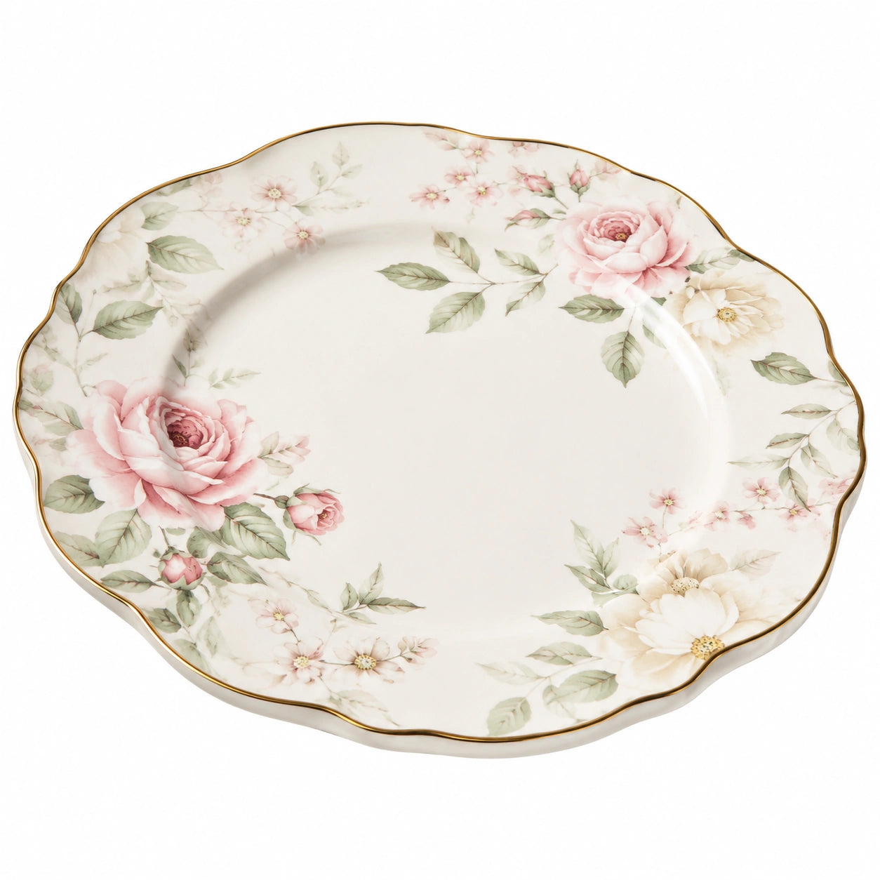 Assiette Ronde Motif Floral avec Bord Doré - 28 cm