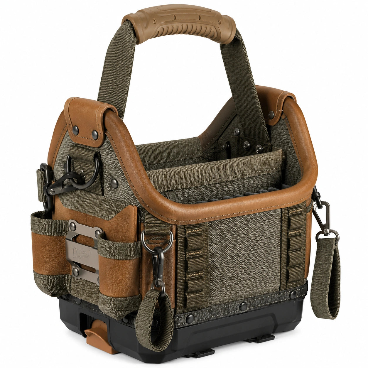 Sac à outils robuste vert et marron avec poignée rigide