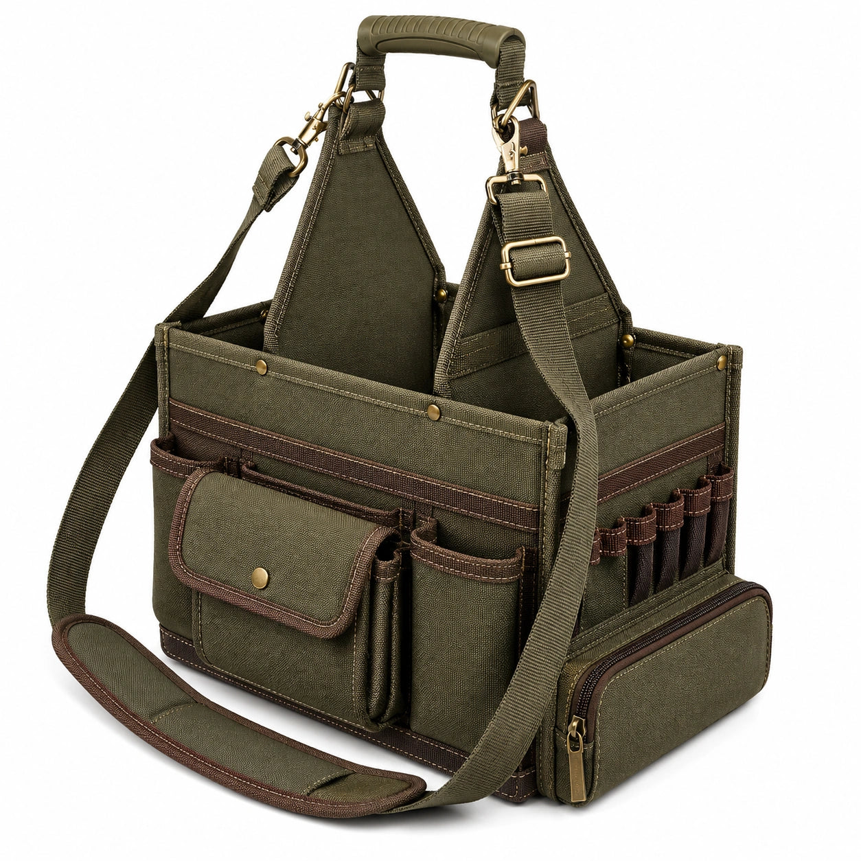 Sac d'outils vert et marron avec bandoulière amovible