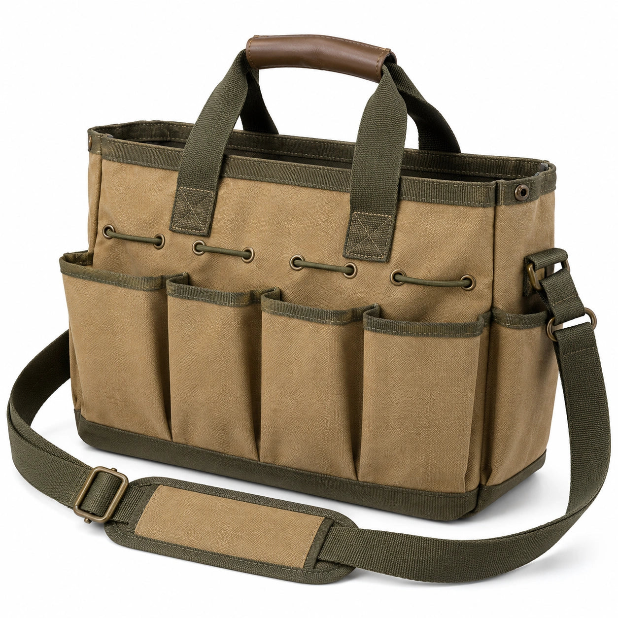 Sac à outils en toile marron avec bandoulière réglable