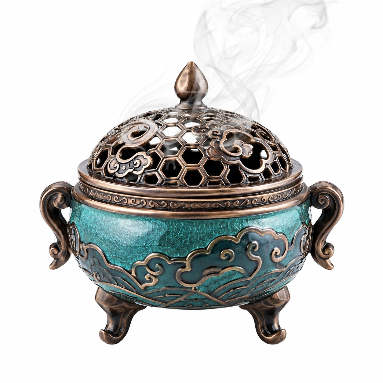 Brûleur d'encens tripode en métal vert et bronze avec motifs nuage