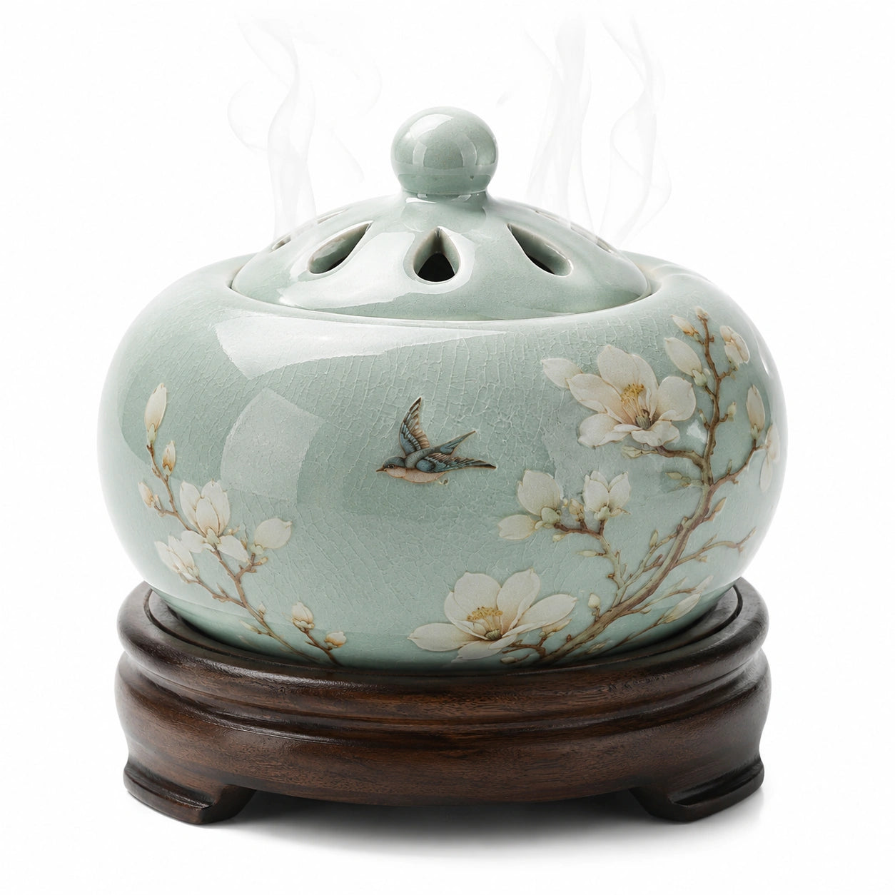 Brûleur d'encens en céramique verte avec motif floral et oiseau