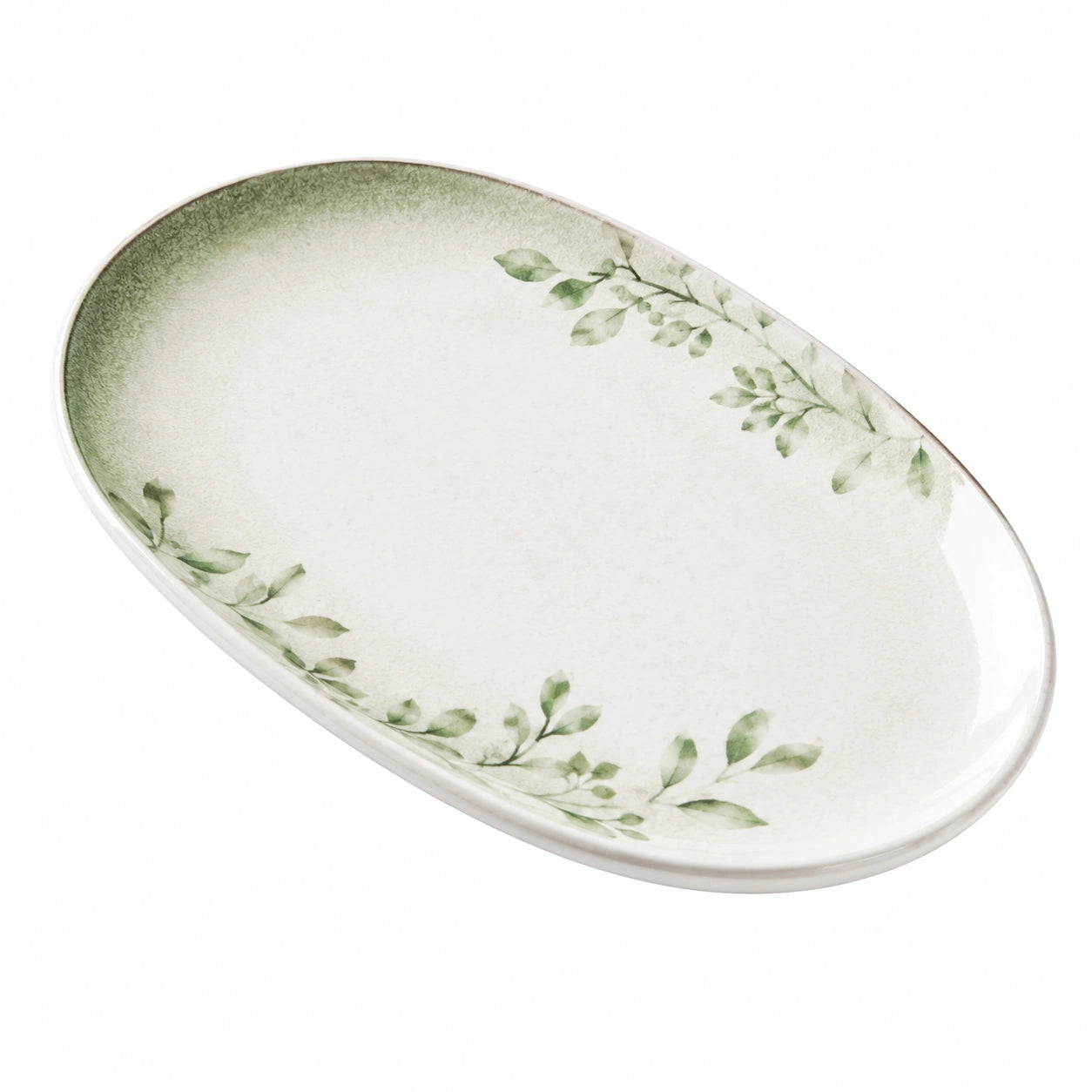 Assiette ovale en céramique avec motif floral vert 30 cm