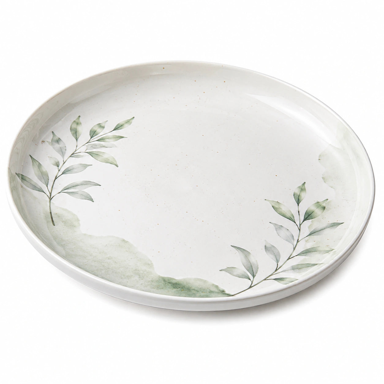 Assiette Ronde Blanche avec Motif de Feuilles Vertes 28 cm