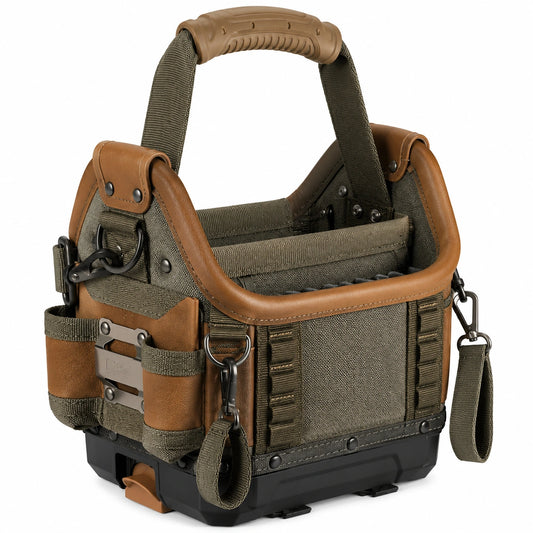 Sac à outils robuste vert et marron avec poignée rigide