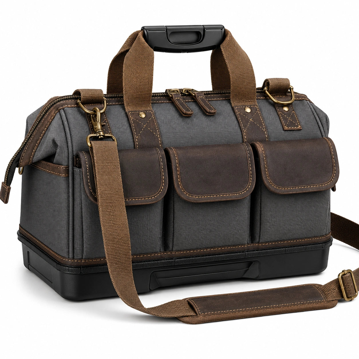 Sac à outils en toile avec bandoulière amovible gris et marron