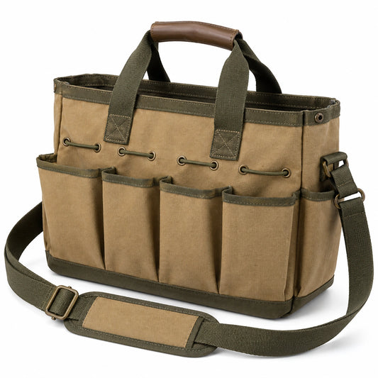 Sac à outils en toile marron avec bandoulière réglable