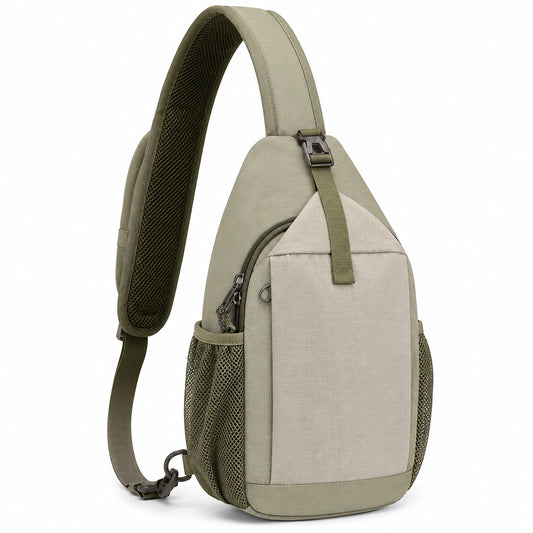 Sac à bandoulière ergonomique kaki et beige avec poches multiples