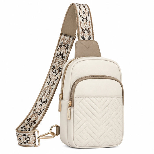 Sacoche Bandoulière Matelassée Beige avec Sangle à Motif