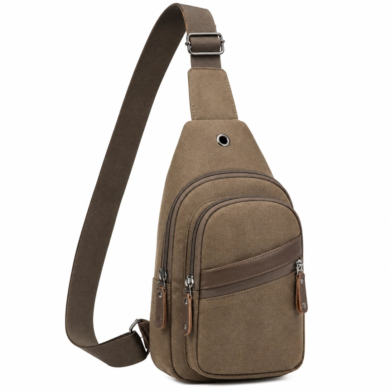Sac bandoulière en toile marron avec compartiments multiples