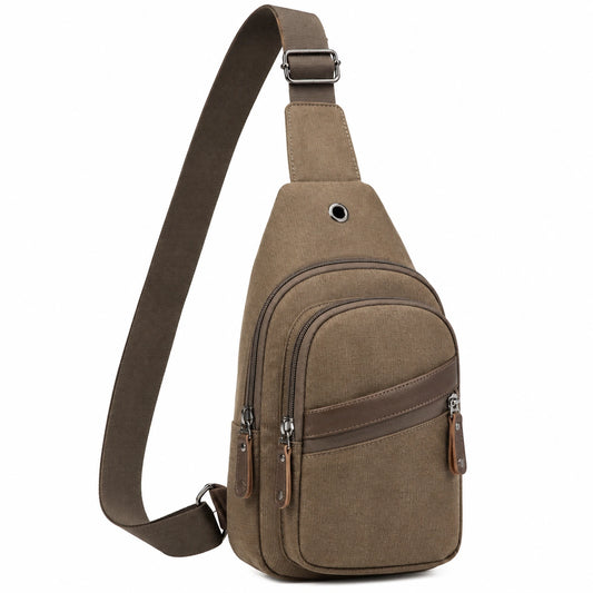 Sac bandoulière en toile marron avec compartiments multiples