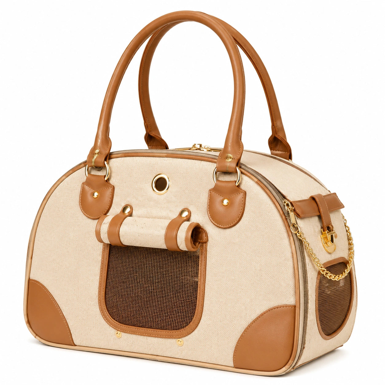 Sac de transport pour animaux beige et marron avec inserts en maille