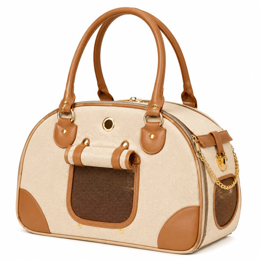Sac de transport pour animaux beige et marron avec inserts en maille