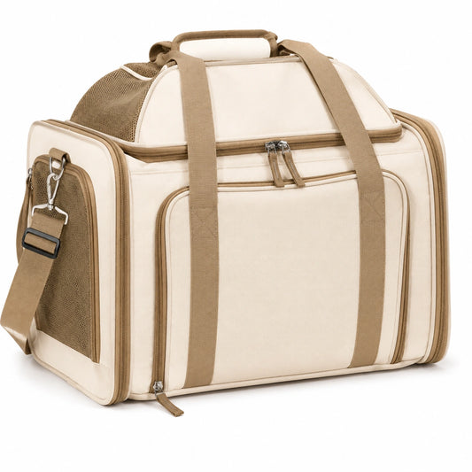 Sac de transport pliable pour animaux de compagnie en beige et marron