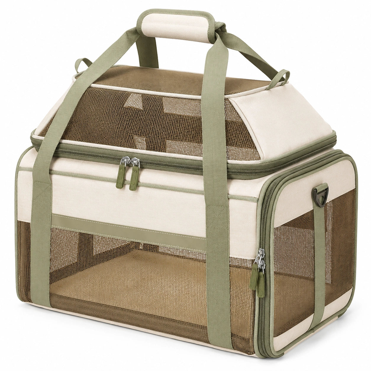 Sac de transport pliable pour animaux avec fenêtres en maille vertes et beiges