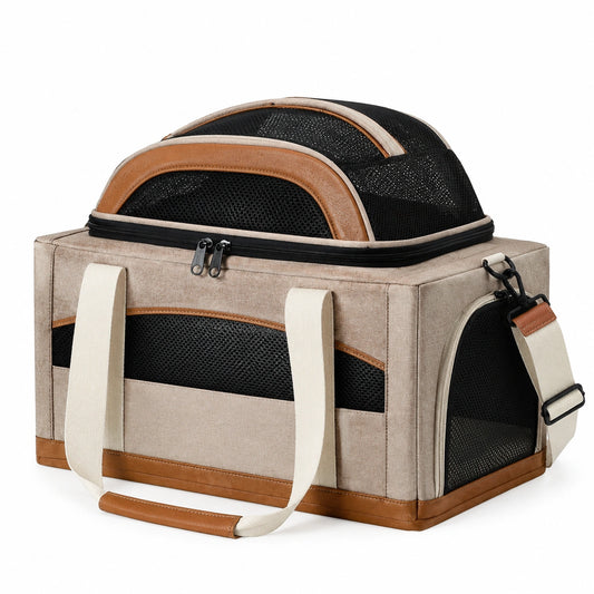 Sac de transport pour animaux avec aération en maille beige et brun