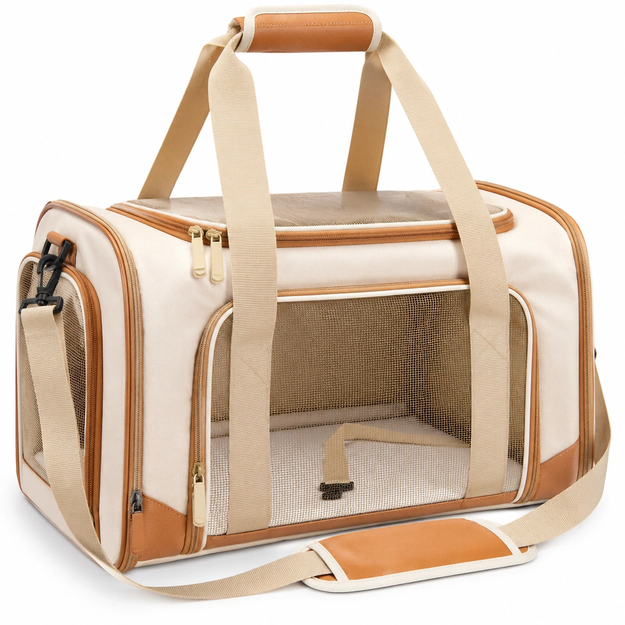 Sac de transport pour animaux beige et marron avec ventilation et bandoulière réglable
