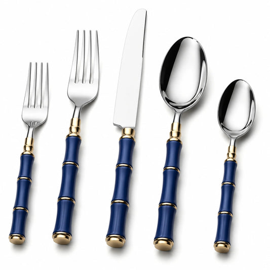 Ensemble de Couverts Bambou Bleu et Doré - 5 Pièces