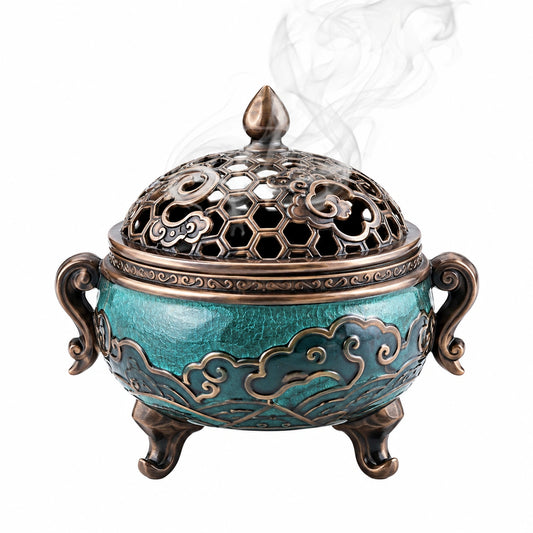 Brûleur d'encens tripode en métal vert et bronze avec motifs nuage