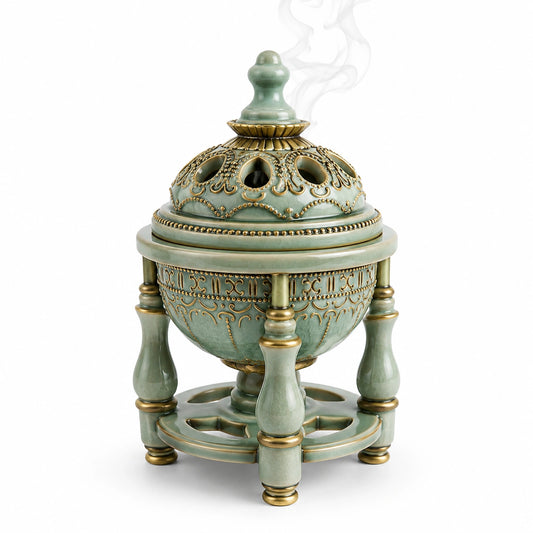 Brûleur d'encens en céramique vert et doré avec motifs ajourés
