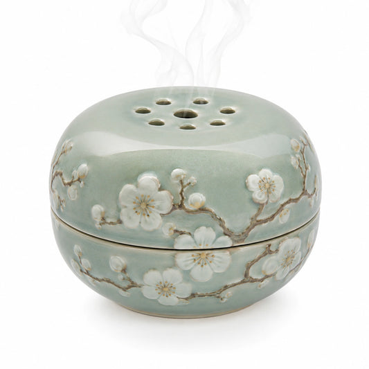 Brûleur d'encens en céramique vert avec motifs floraux