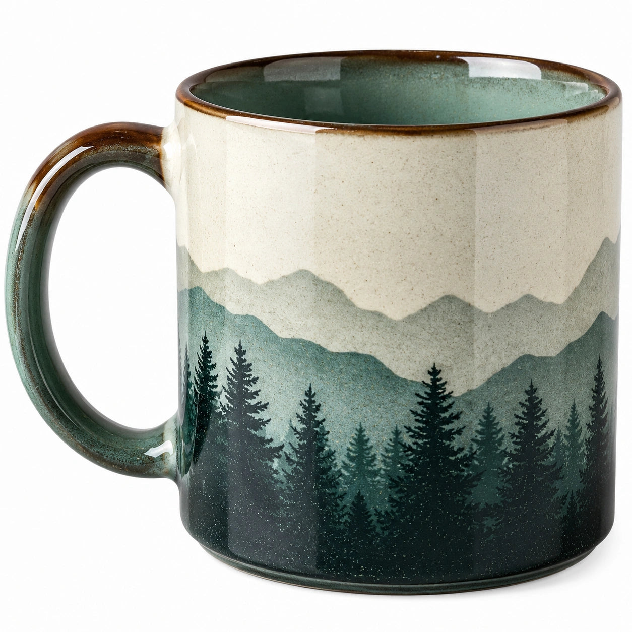 Tasse en céramique avec motif forêt et montagne 400ml verte/beige