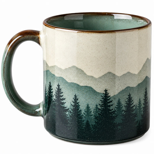 Tasse en céramique avec motif forêt et montagne 400ml verte/beige