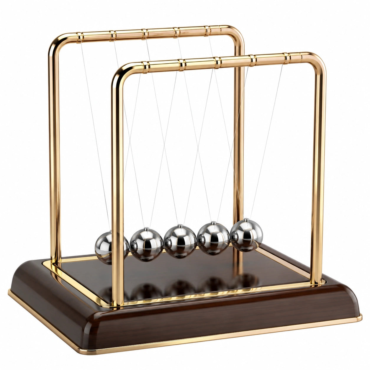 Pendule de Newton en Métal avec Structure Dorée et Base en Bois