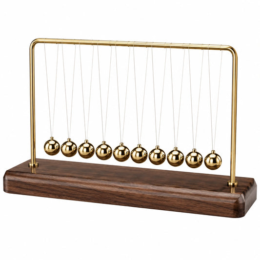 Pendule de Newton à 9 Boules Dorées avec Base en Bois