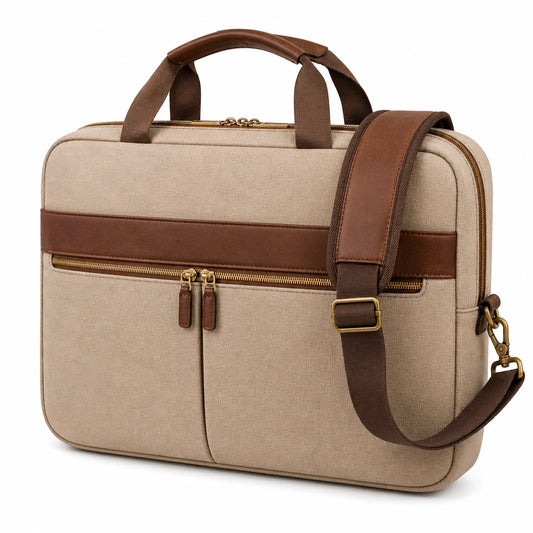 Sacoche pour ordinateur portable 15 pouces beige et marron avec bandoulière détachable