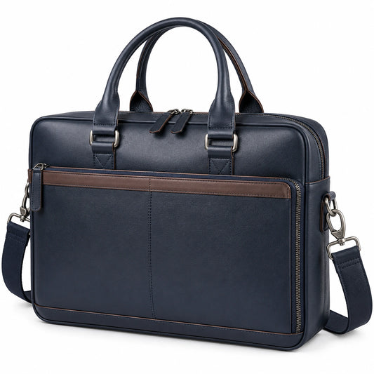 Sacoche pour Ordinateur Portable 15 Pouces Bleu Marine avec Détails Marron