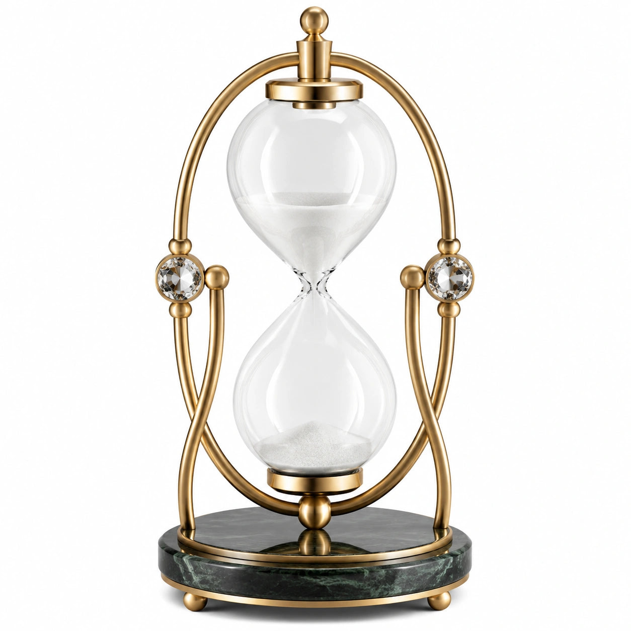 Sablier Déco en Verre Transparent et Métal Doré avec Base en Marbre Vert