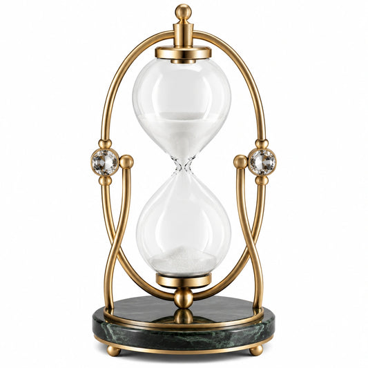 Sablier Déco en Verre Transparent et Métal Doré avec Base en Marbre Vert
